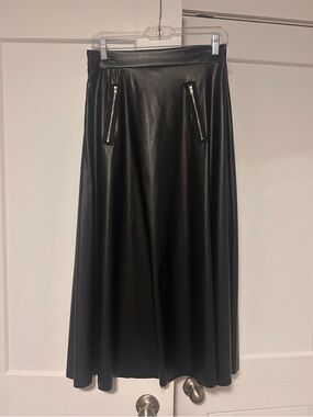 Black Faux Leather A-Line Midi Skirt with Zipper